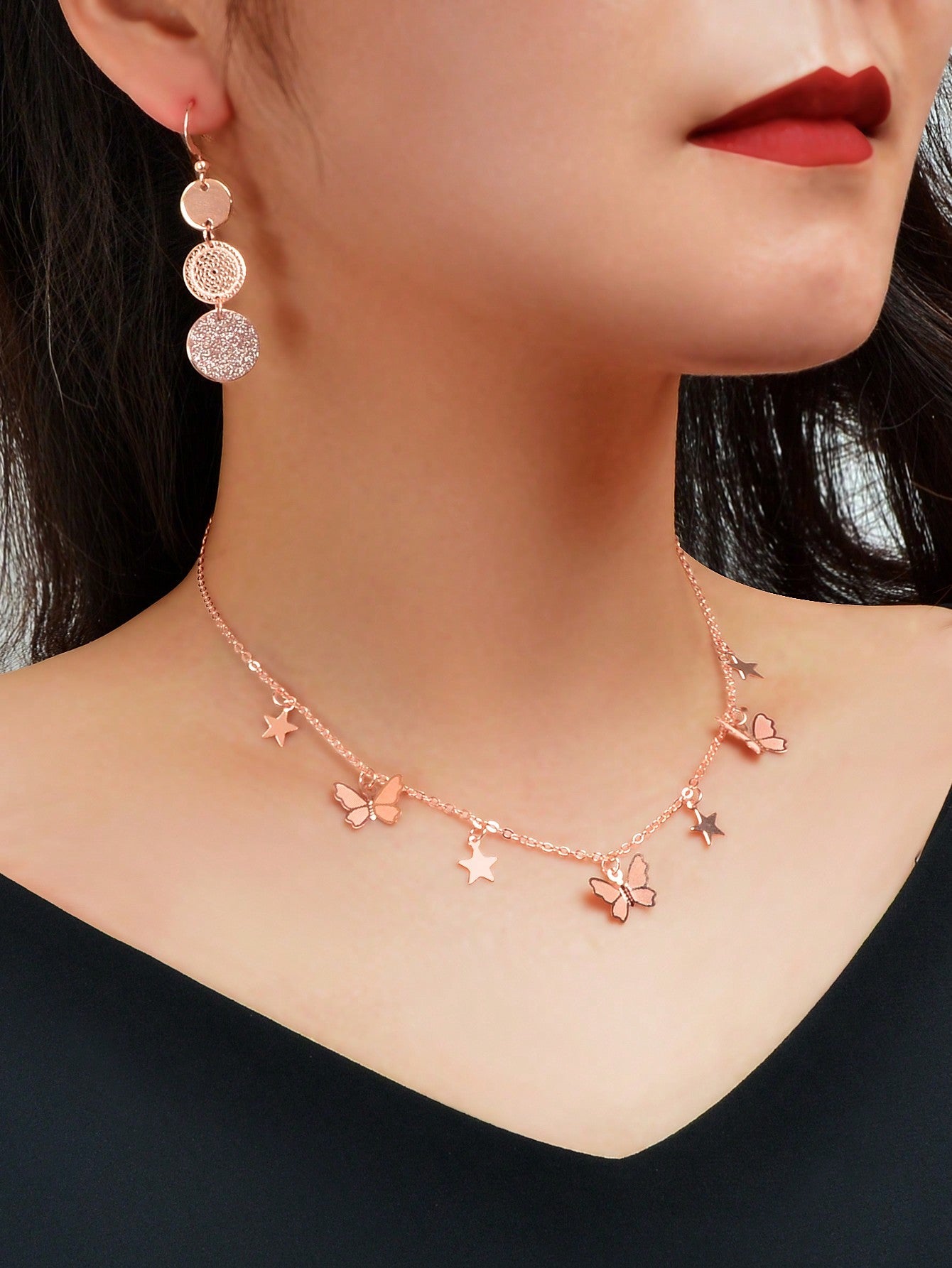 Black Butterfly Star Pendant Necklace Round Disc Earrings Elegant Jewellery Set-4