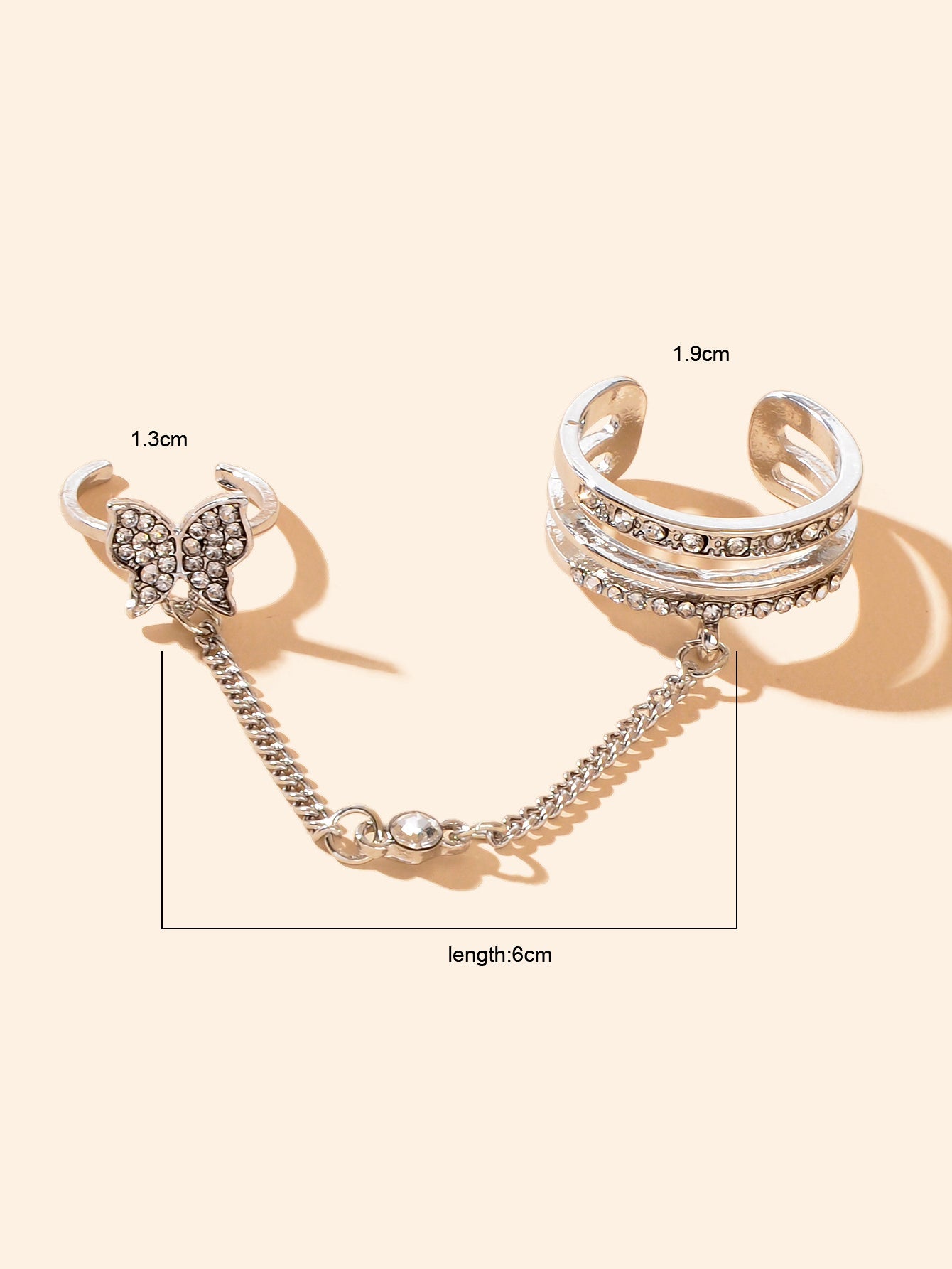 Personality Rhinestone Silver Butterfly Double Fingers Ring with Chain Ear Cuff-3