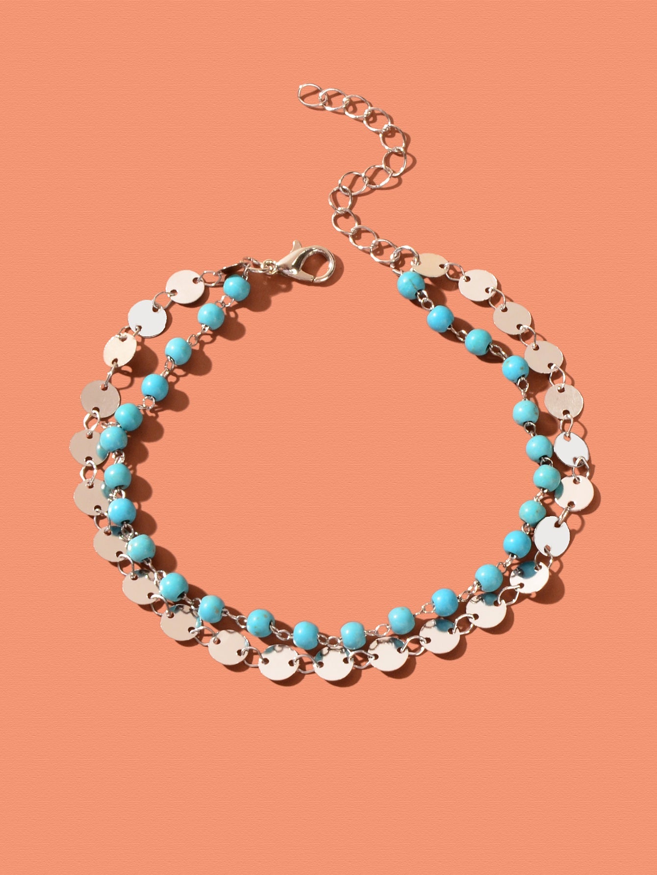 Ethnic Style Gold Silver Disc Chain Turquoise Beads Layered Anklet Foot Jewelry-1
