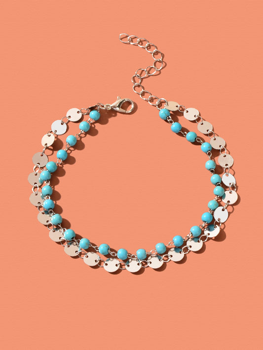 Ethnic Style Gold Silver Disc Chain Turquoise Beads Layered Anklet Foot Jewelry-1