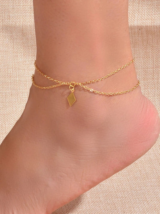 Bohemian Foot Beach Jewellery Double Layer Chain Rhombus Geometric Charm Anklet-0