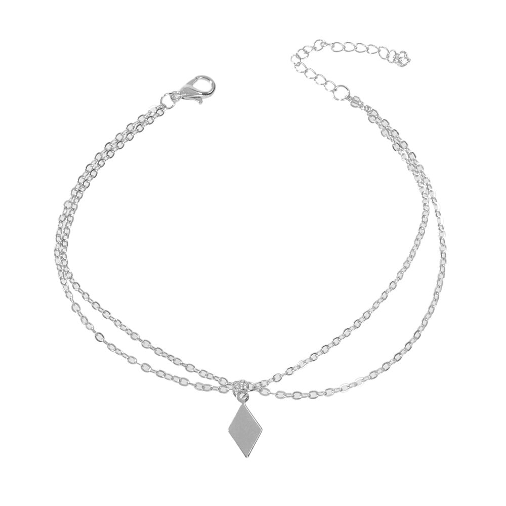 Bohemian Foot Beach Jewellery Double Layer Chain Rhombus Geometric Charm Anklet-5